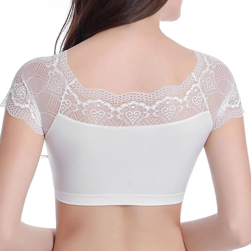 DRESHOW Lace Bralette Tank Tops Wireless Bra Lace Crop Top Padded Stretch Spaghetti Thin Strap Yoga Sports Bra for Women