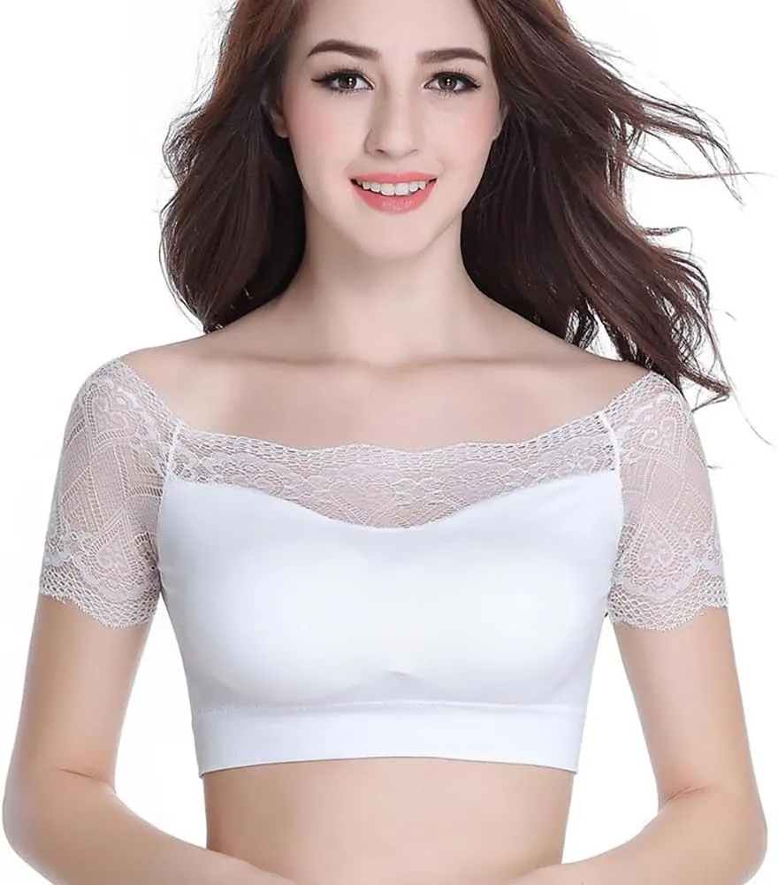 DRESHOW Lace Bralette Tank Tops Wireless Bra Lace Crop Top Padded Stretch Spaghetti Thin Strap Yoga Sports Bra for Women