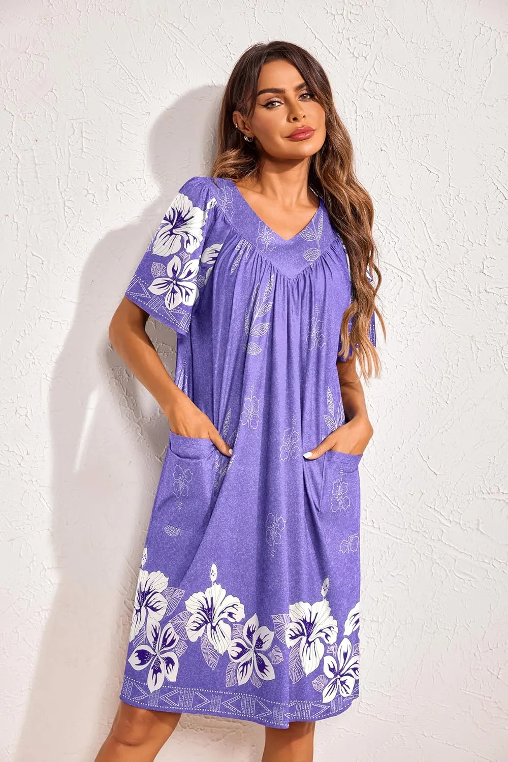 Ekouaer Womens House Dress Floral Print Nightgown with Pockets Mumu Dress