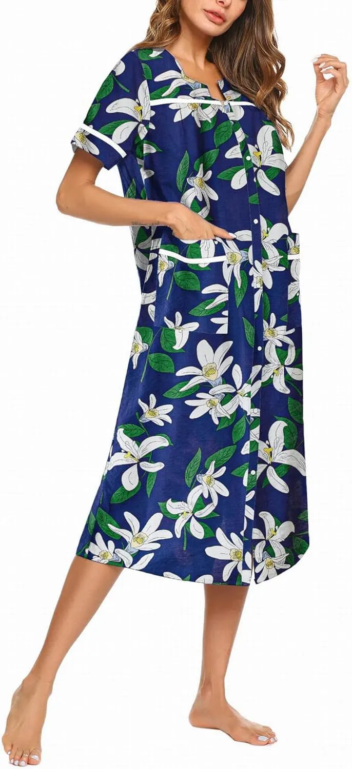 Ekouaer Womens Snap Front Dusters Cotton Housecoat Short Sleeve Nightgown House Dress With Pockets
