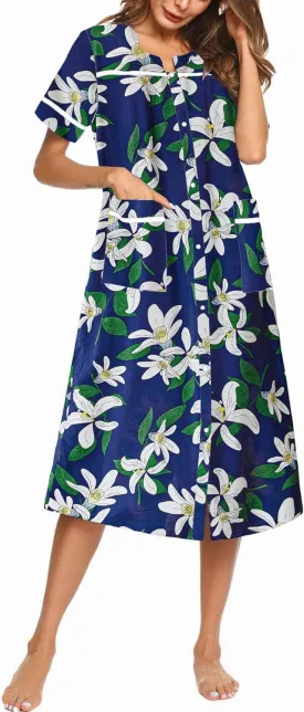 Ekouaer Womens Snap Front Dusters Cotton Housecoat Short Sleeve Nightgown House Dress With Pockets