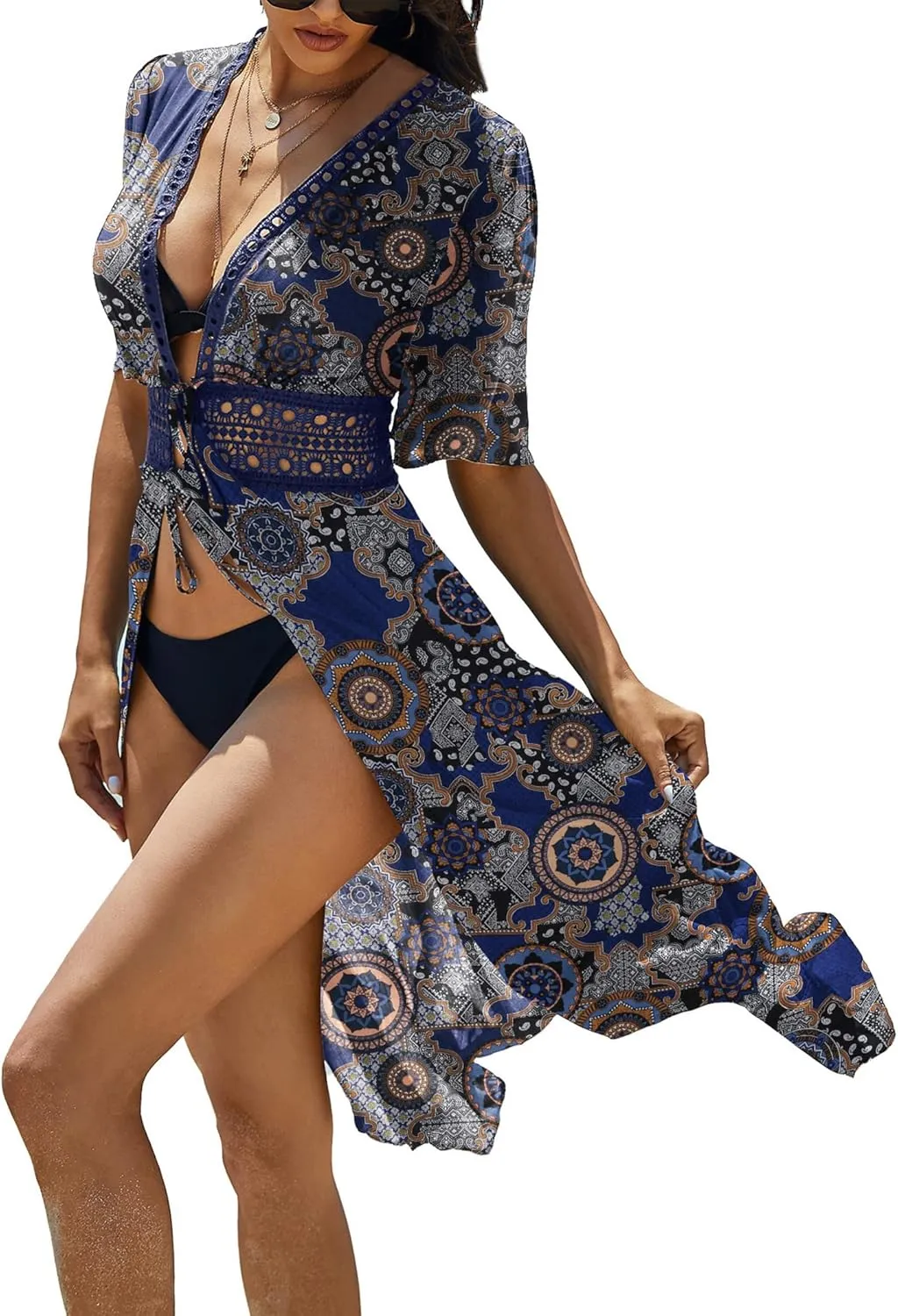 Ekouaer Women's Swimwear Cover Ups Sexy Open Front Beach Bikini Swimsuit Kimono Cardigan Cover Up Long Flowy Beachwear