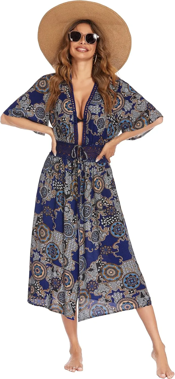 Ekouaer Women's Swimwear Cover Ups Sexy Open Front Beach Bikini Swimsuit Kimono Cardigan Cover Up Long Flowy Beachwear