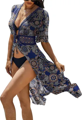 Ekouaer Women's Swimwear Cover Ups Sexy Open Front Beach Bikini Swimsuit Kimono Cardigan Cover Up Long Flowy Beachwear