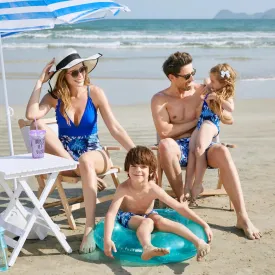Family Matching Swimsuit Blue Ruffle Trim Spliced One-piece Swimsuit Plant Print Swim Trunks