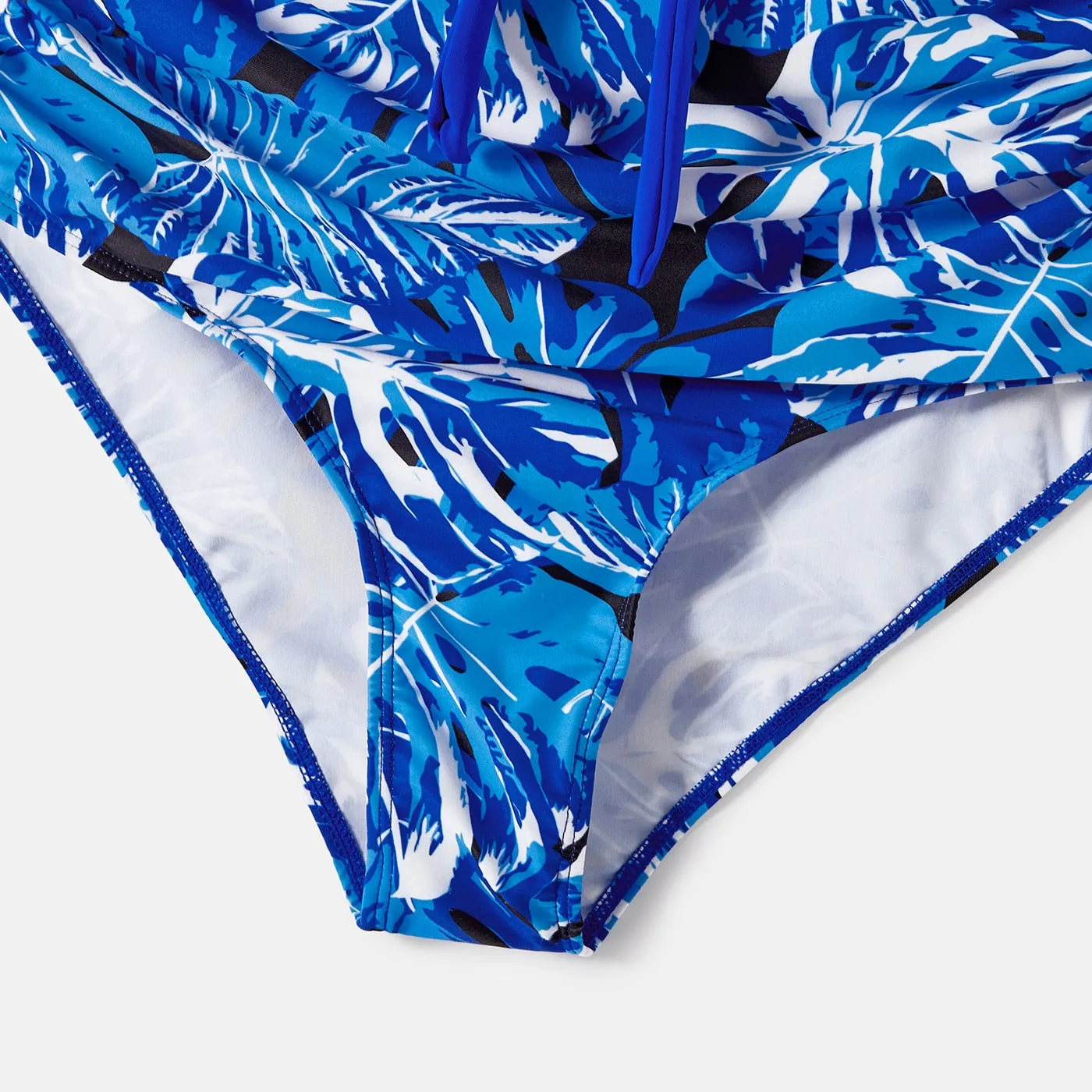 Family Matching Swimsuit Blue Ruffle Trim Spliced One-piece Swimsuit Plant Print Swim Trunks