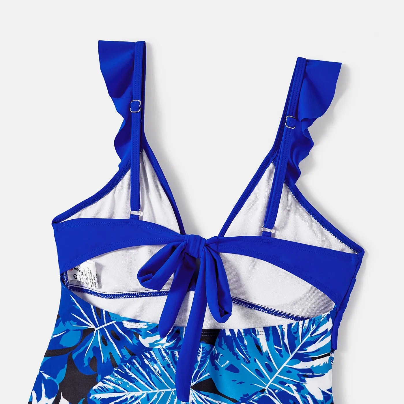 Family Matching Swimsuit Blue Ruffle Trim Spliced One-piece Swimsuit Plant Print Swim Trunks