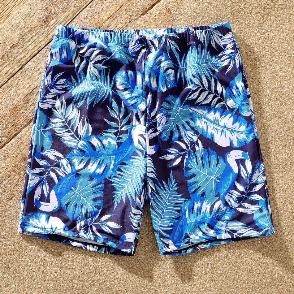 Family Matching Swimsuit Blue Ruffle Trim Spliced One-piece Swimsuit Plant Print Swim Trunks