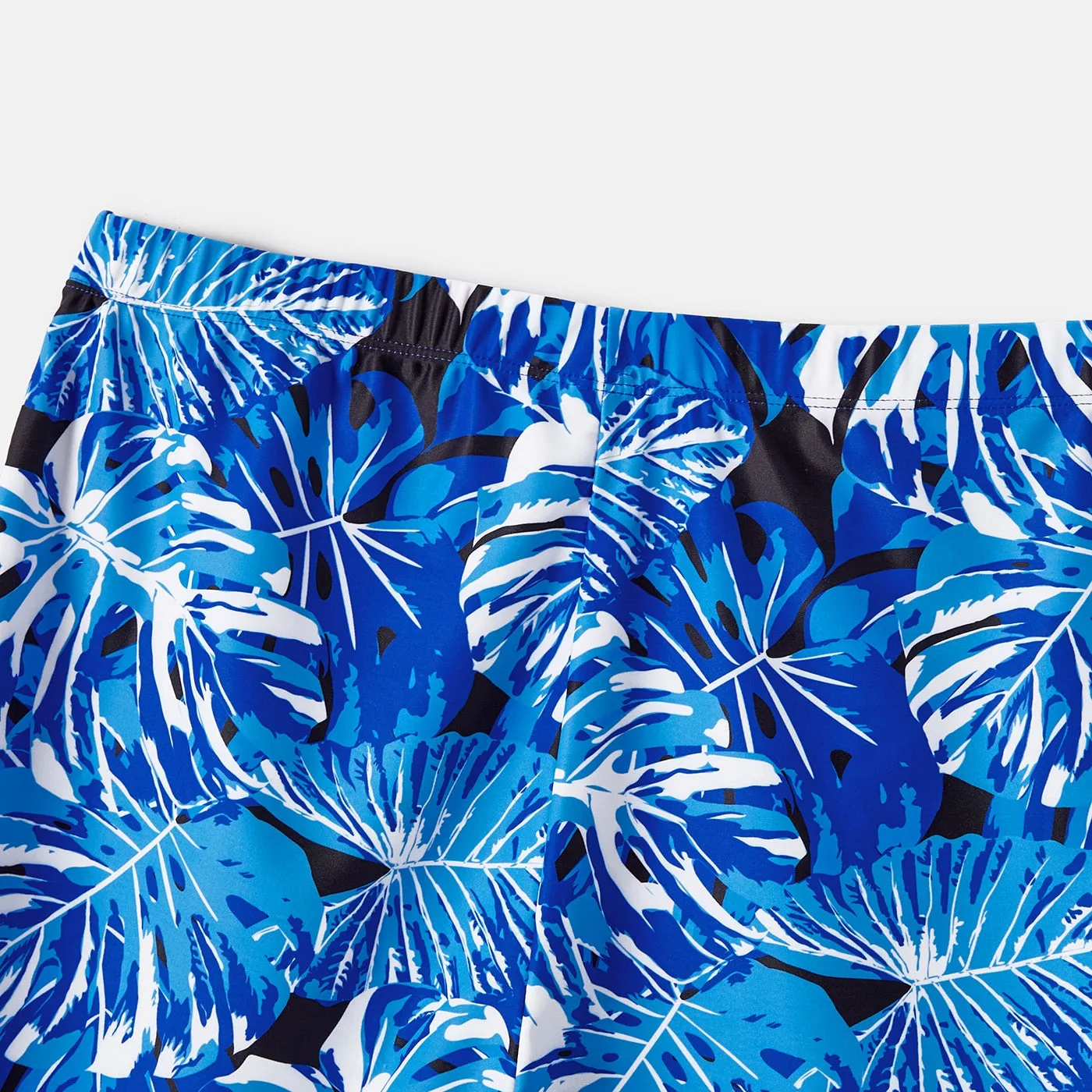 Family Matching Swimsuit Blue Ruffle Trim Spliced One-piece Swimsuit Plant Print Swim Trunks