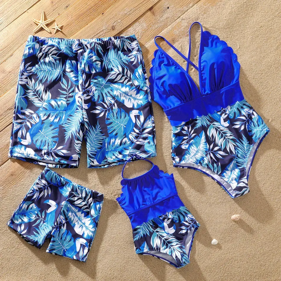 Family Matching Swimsuit Blue Ruffle Trim Spliced One-piece Swimsuit Plant Print Swim Trunks