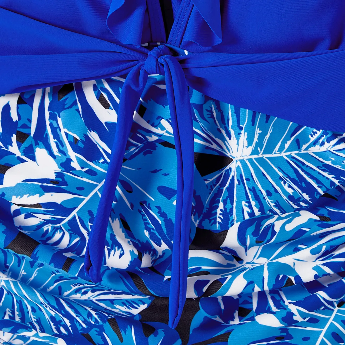 Family Matching Swimsuit Blue Ruffle Trim Spliced One-piece Swimsuit Plant Print Swim Trunks