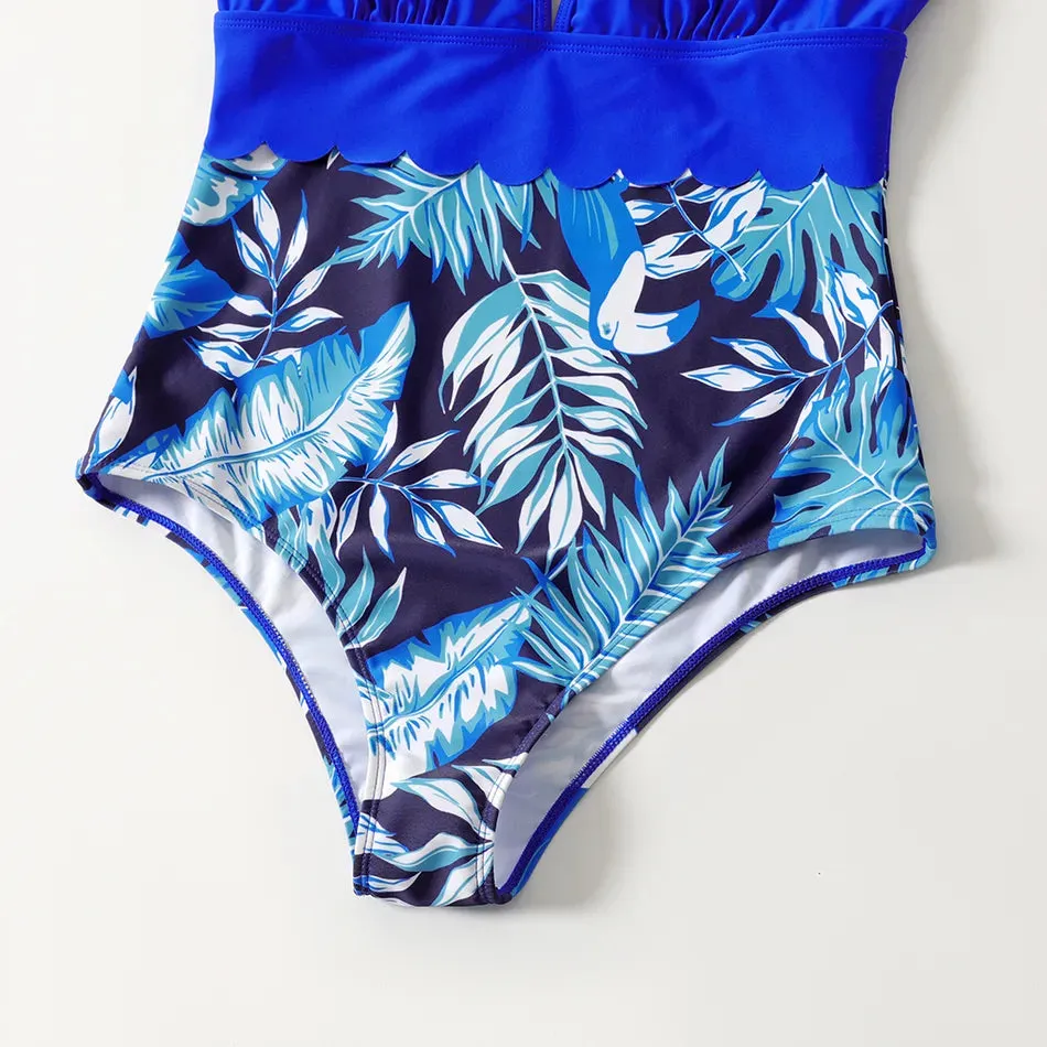 Family Matching Swimsuit Blue Ruffle Trim Spliced One-piece Swimsuit Plant Print Swim Trunks