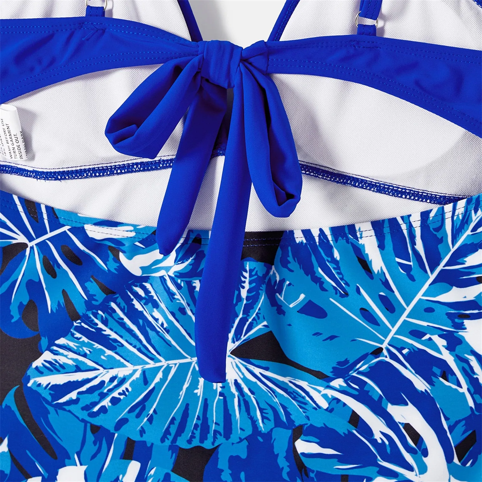 Family Matching Swimsuit Blue Ruffle Trim Spliced One-piece Swimsuit Plant Print Swim Trunks