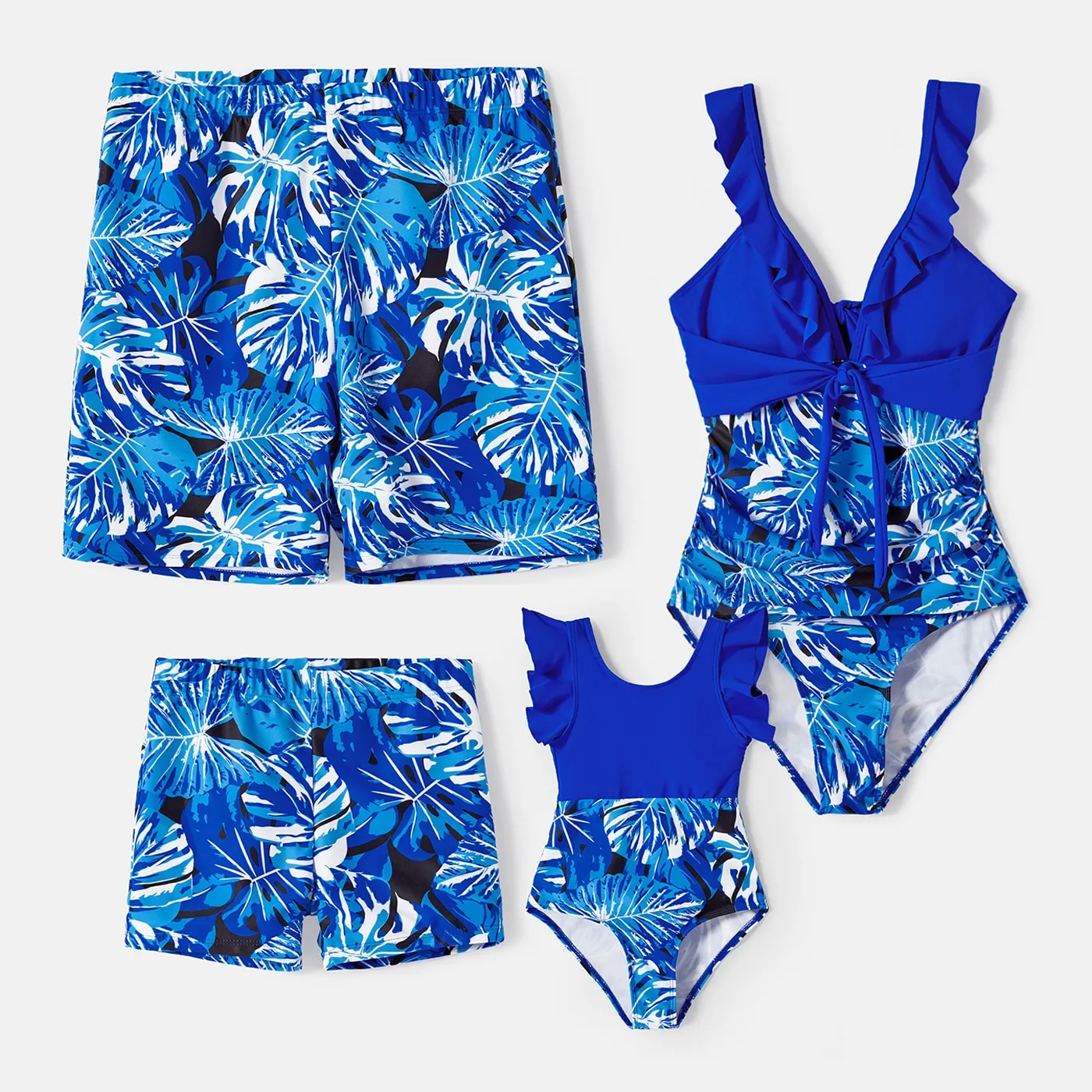 Family Matching Swimsuit Blue Ruffle Trim Spliced One-piece Swimsuit Plant Print Swim Trunks