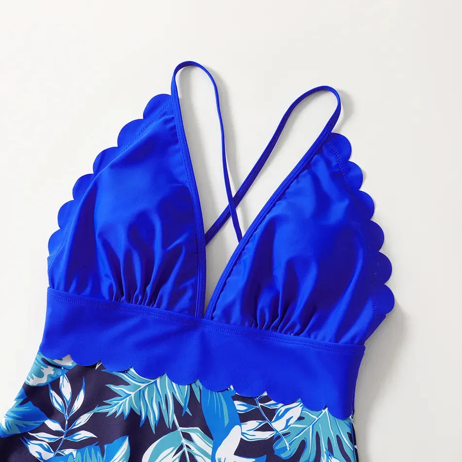 Family Matching Swimsuit Blue Ruffle Trim Spliced One-piece Swimsuit Plant Print Swim Trunks
