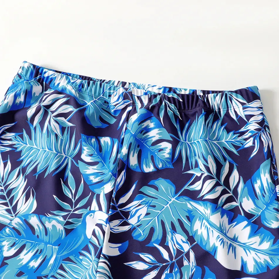 Family Matching Swimsuit Blue Ruffle Trim Spliced One-piece Swimsuit Plant Print Swim Trunks