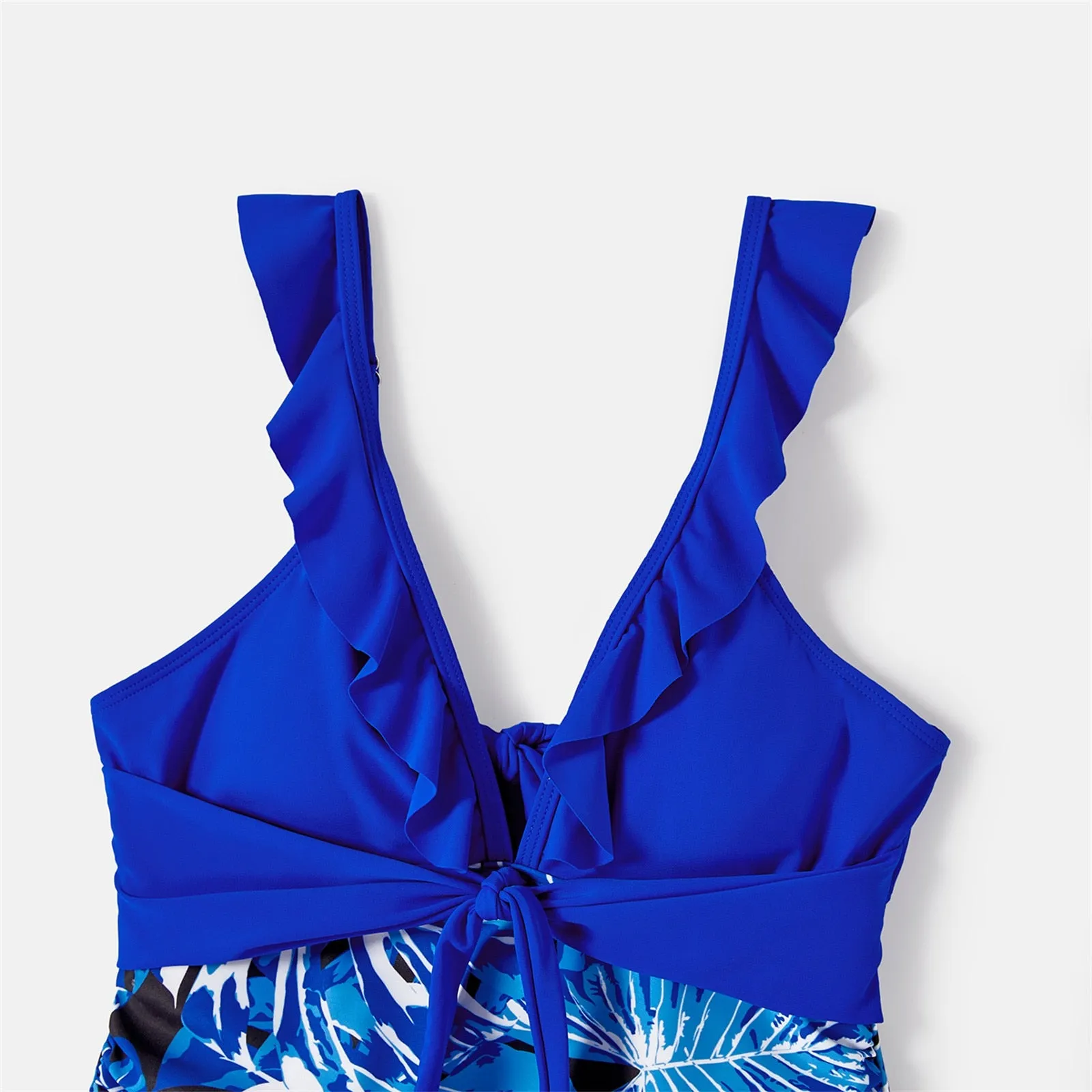 Family Matching Swimsuit Blue Ruffle Trim Spliced One-piece Swimsuit Plant Print Swim Trunks