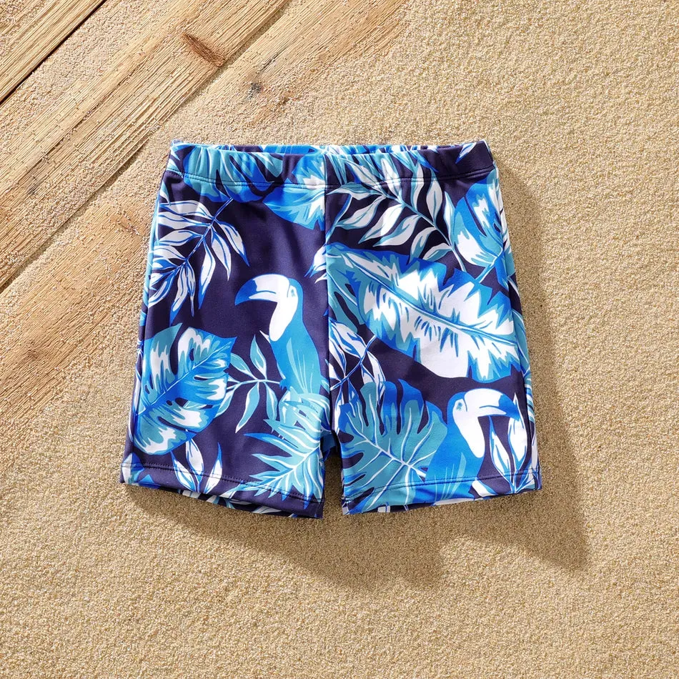 Family Matching Swimsuit Blue Ruffle Trim Spliced One-piece Swimsuit Plant Print Swim Trunks