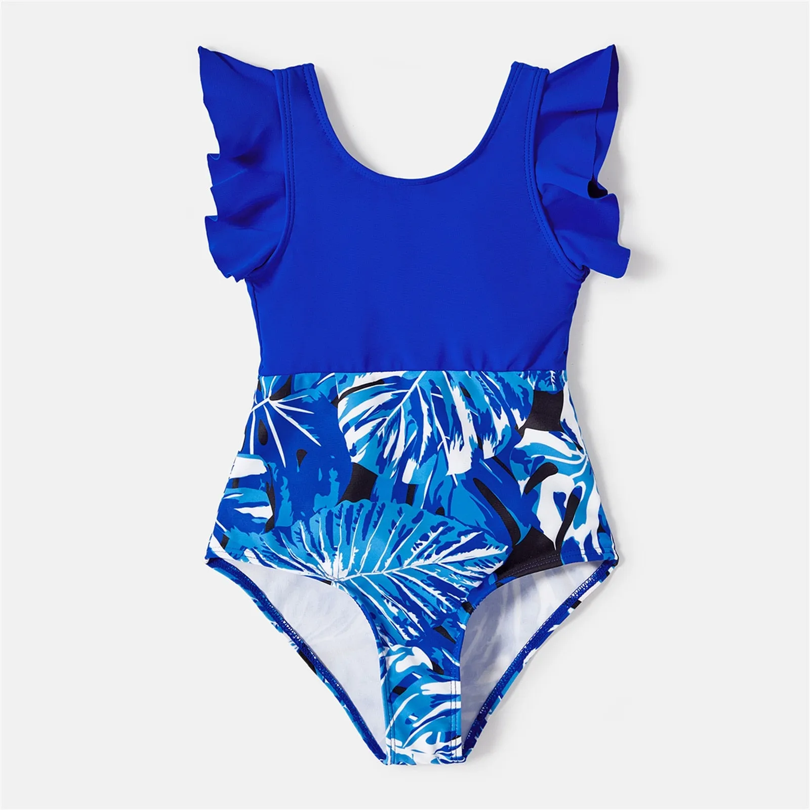 Family Matching Swimsuit Blue Ruffle Trim Spliced One-piece Swimsuit Plant Print Swim Trunks