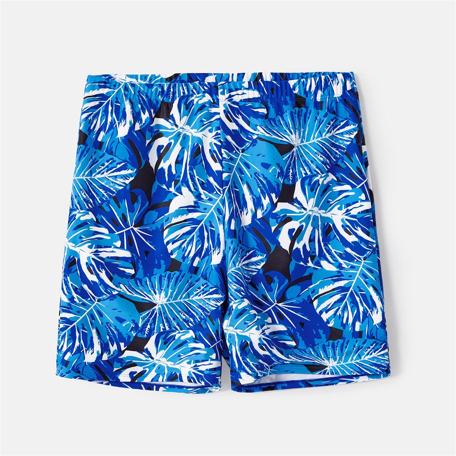 Family Matching Swimsuit Blue Ruffle Trim Spliced One-piece Swimsuit Plant Print Swim Trunks