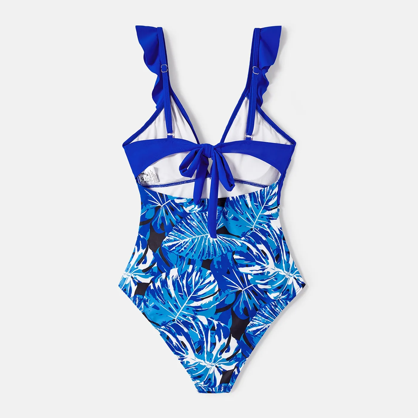 Family Matching Swimsuit Blue Ruffle Trim Spliced One-piece Swimsuit Plant Print Swim Trunks