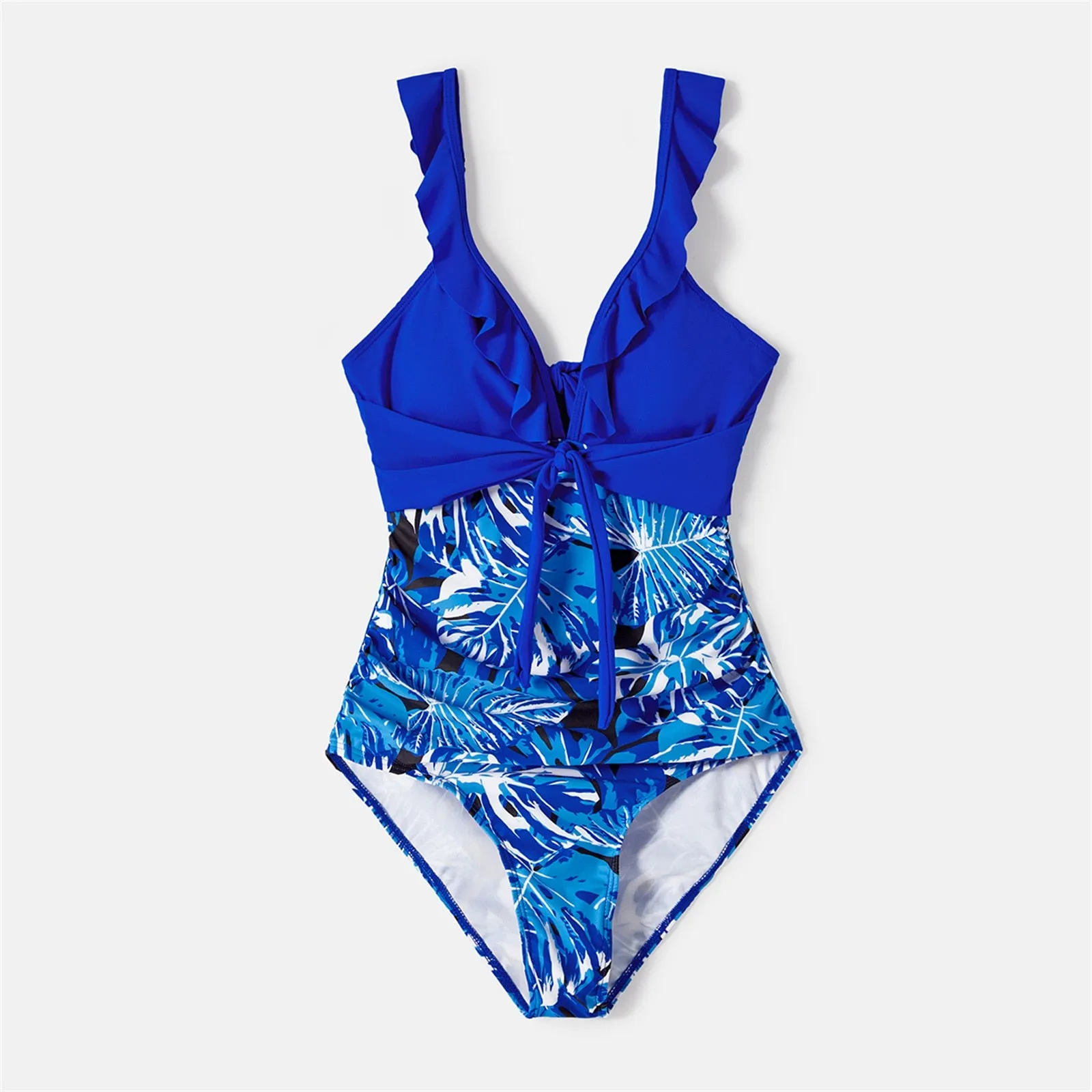 Family Matching Swimsuit Blue Ruffle Trim Spliced One-piece Swimsuit Plant Print Swim Trunks