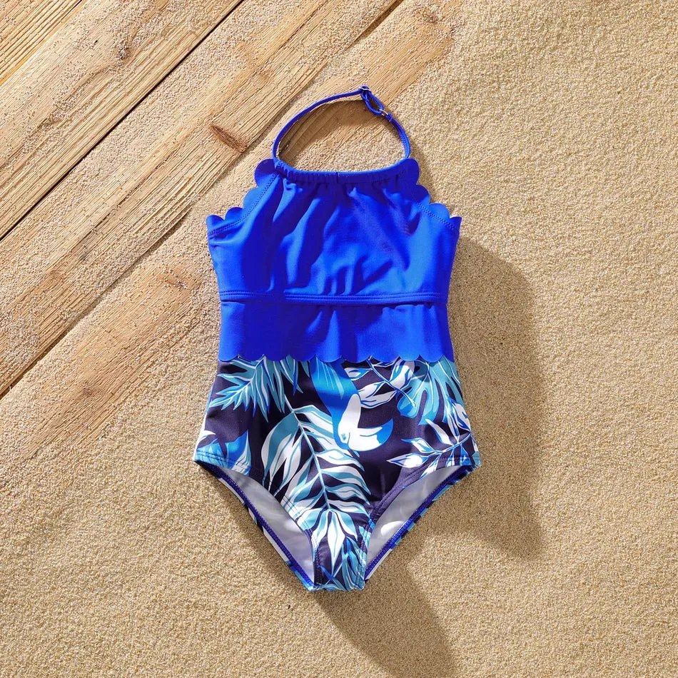 Family Matching Swimsuit Blue Ruffle Trim Spliced One-piece Swimsuit Plant Print Swim Trunks