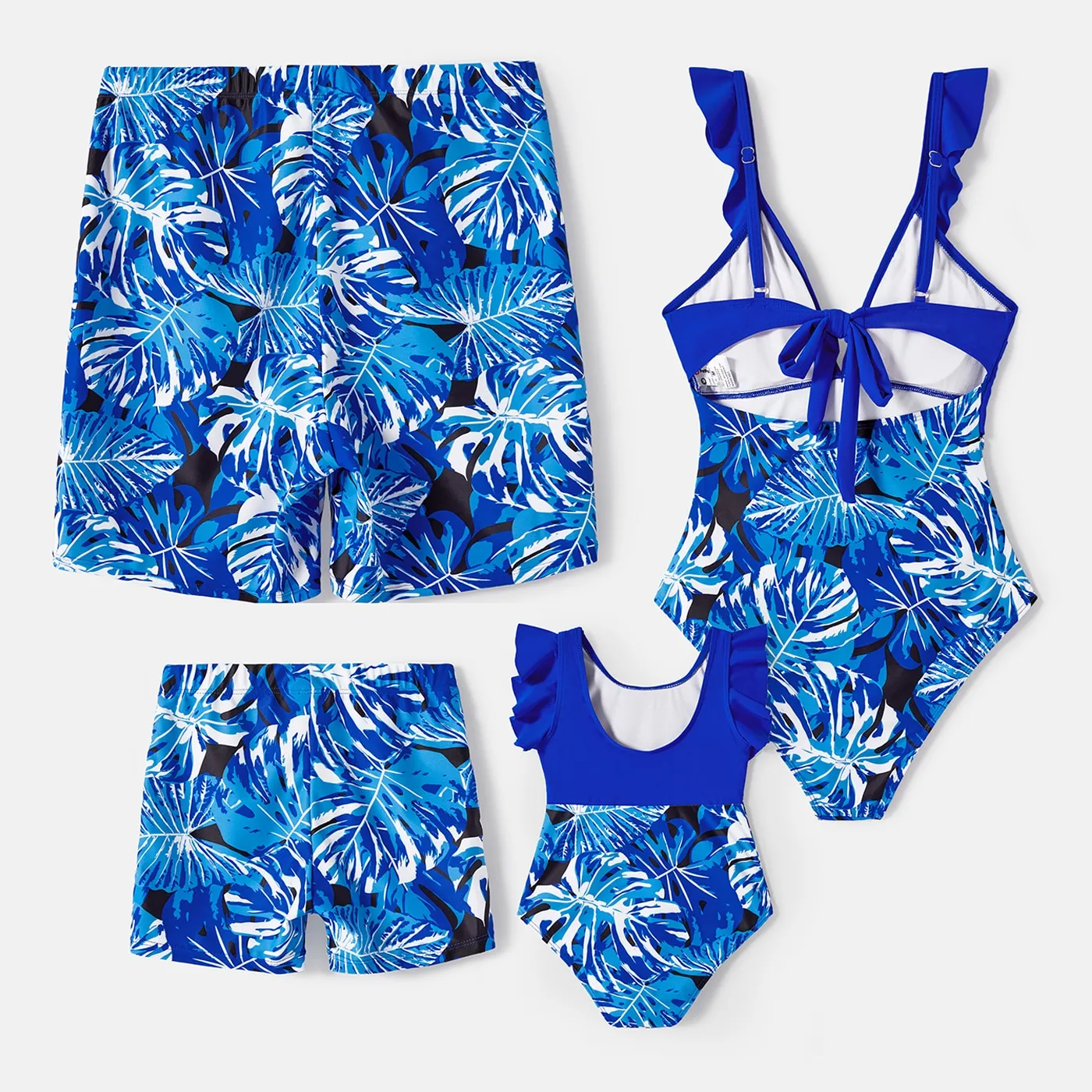 Family Matching Swimsuit Blue Ruffle Trim Spliced One-piece Swimsuit Plant Print Swim Trunks