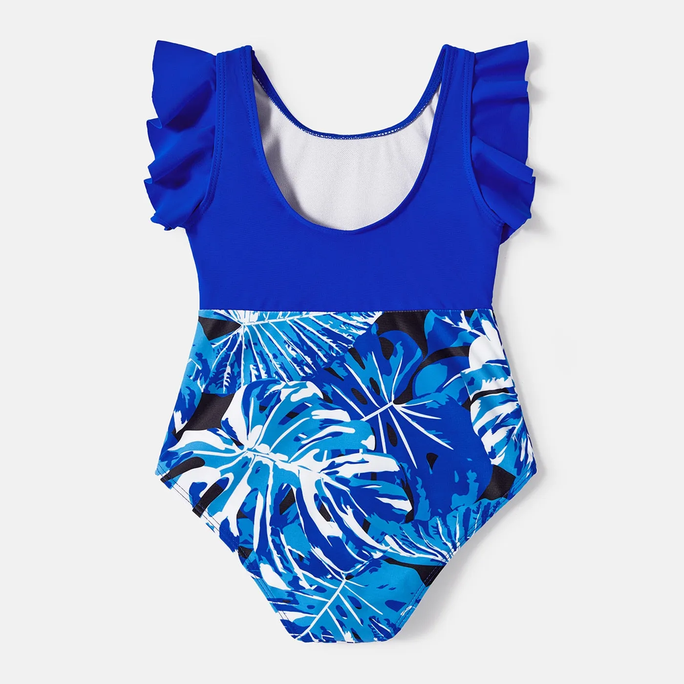 Family Matching Swimsuit Blue Ruffle Trim Spliced One-piece Swimsuit Plant Print Swim Trunks