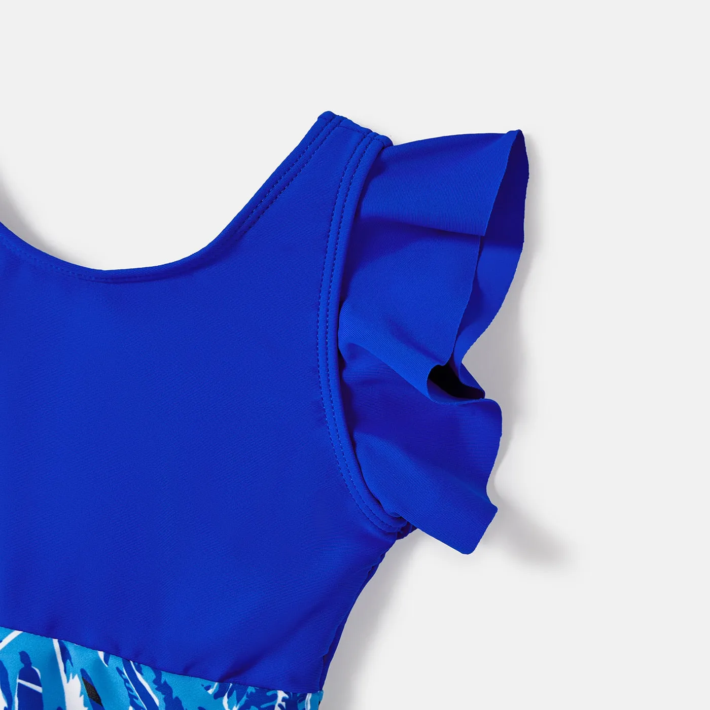 Family Matching Swimsuit Blue Ruffle Trim Spliced One-piece Swimsuit Plant Print Swim Trunks