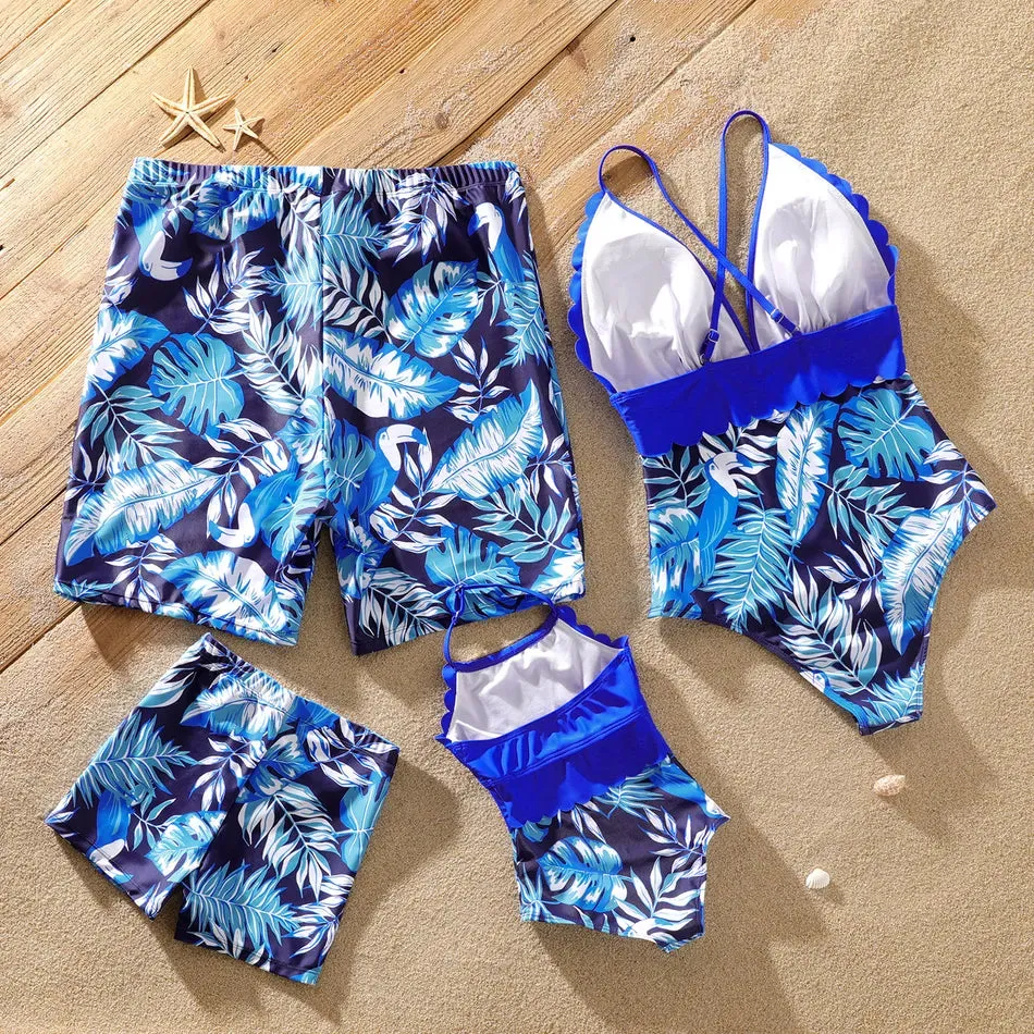 Family Matching Swimsuit Blue Ruffle Trim Spliced One-piece Swimsuit Plant Print Swim Trunks