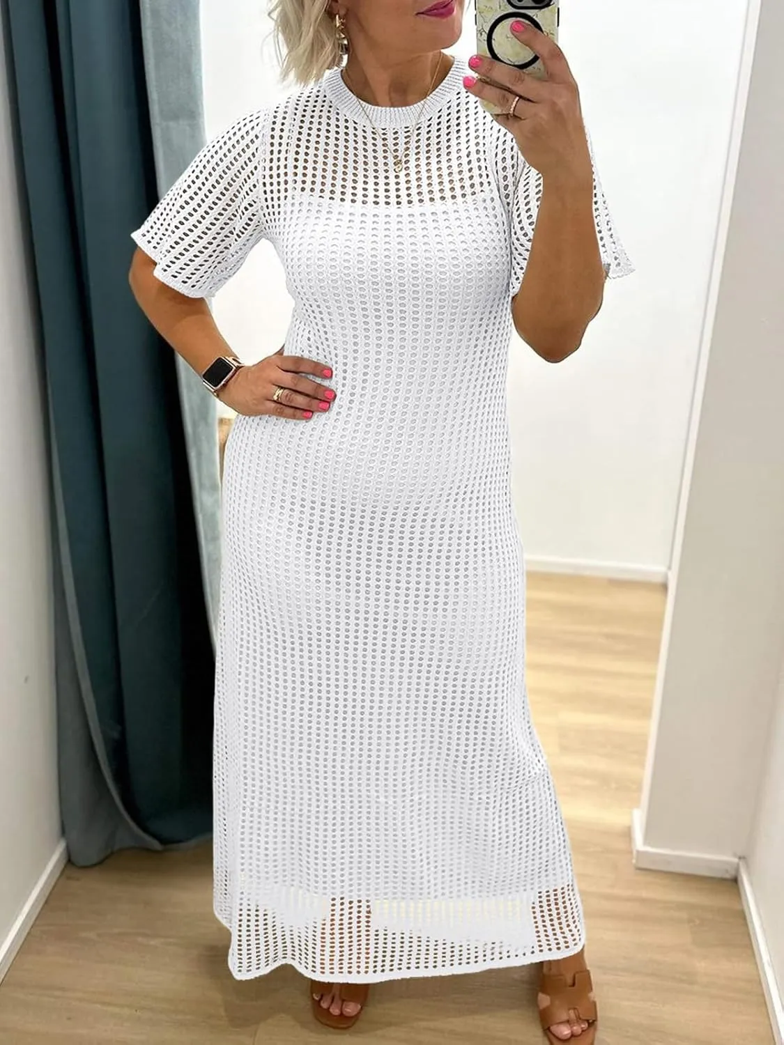 Fisoew Womens Swimsuit Cover Up Eyelet Dress Summer 2 Piece Hollow Out Maxi Dresses Vacation Beach Outfits