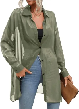 Floerns Women's Sheer Drop Shoulder Blouse Long Sleeve Collar Button Loose Shirts Tops