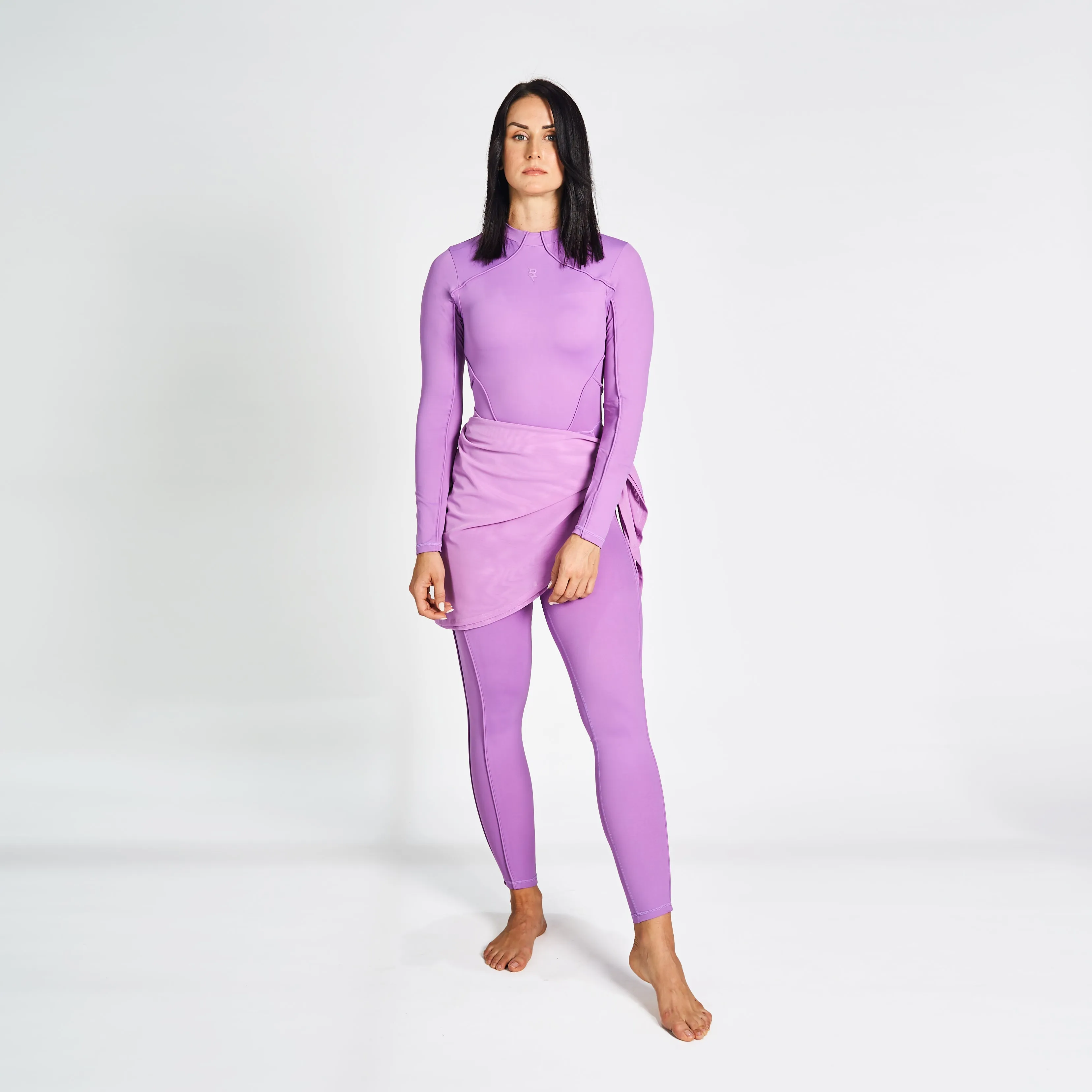 Full Body Swimsuit With Waist Scarf - Lavender