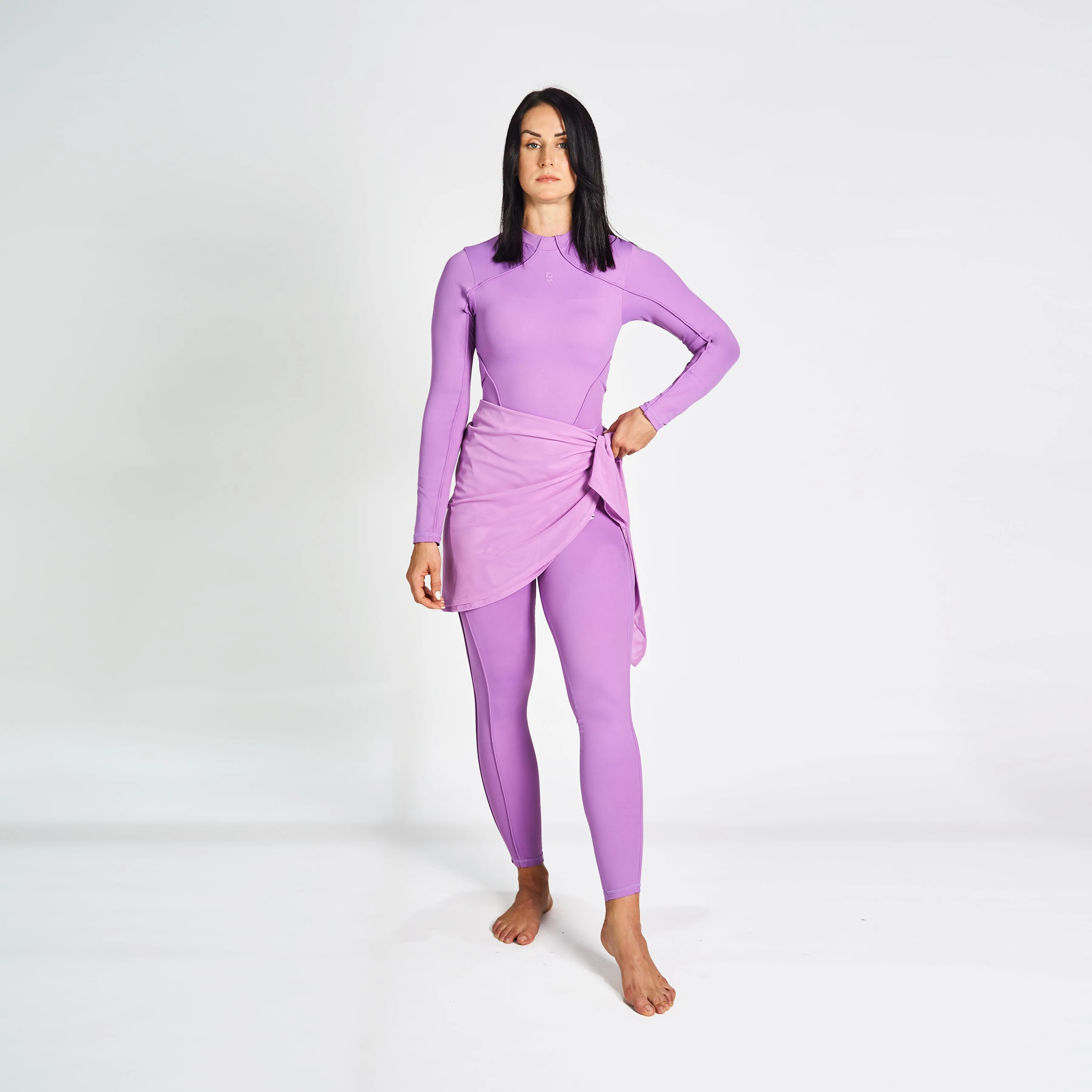 Full Body Swimsuit With Waist Scarf - Lavender