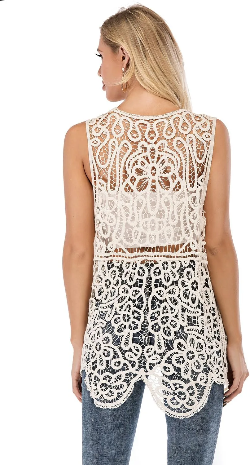 GLEAMISS Women's Crochet Vest Open Stitch Hippie Cardigan Sleeveless Boho Cover Up
