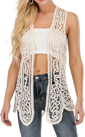 GLEAMISS Women's Crochet Vest Open Stitch Hippie Cardigan Sleeveless Boho Cover Up