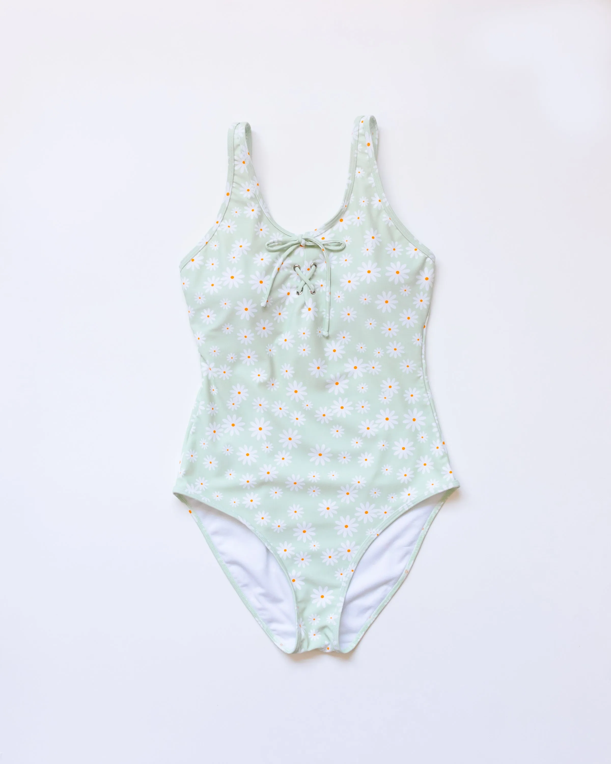 Green daisy print one piece women swimsuit