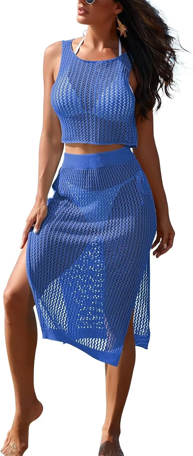 HUUSA Women's 2 Piece Crochet Swimsuit Coverups Hollow Out Bikini Bathing Suit Cover Up Swimwear Mesh Beach Slit Skirt Set