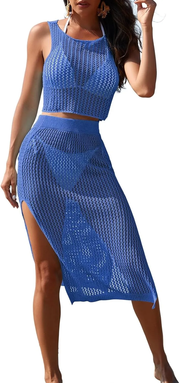 HUUSA Women's 2 Piece Crochet Swimsuit Coverups Hollow Out Bikini Bathing Suit Cover Up Swimwear Mesh Beach Slit Skirt Set