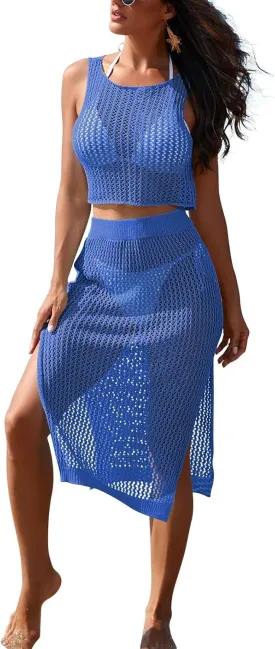 HUUSA Women's 2 Piece Crochet Swimsuit Coverups Hollow Out Bikini Bathing Suit Cover Up Swimwear Mesh Beach Slit Skirt Set