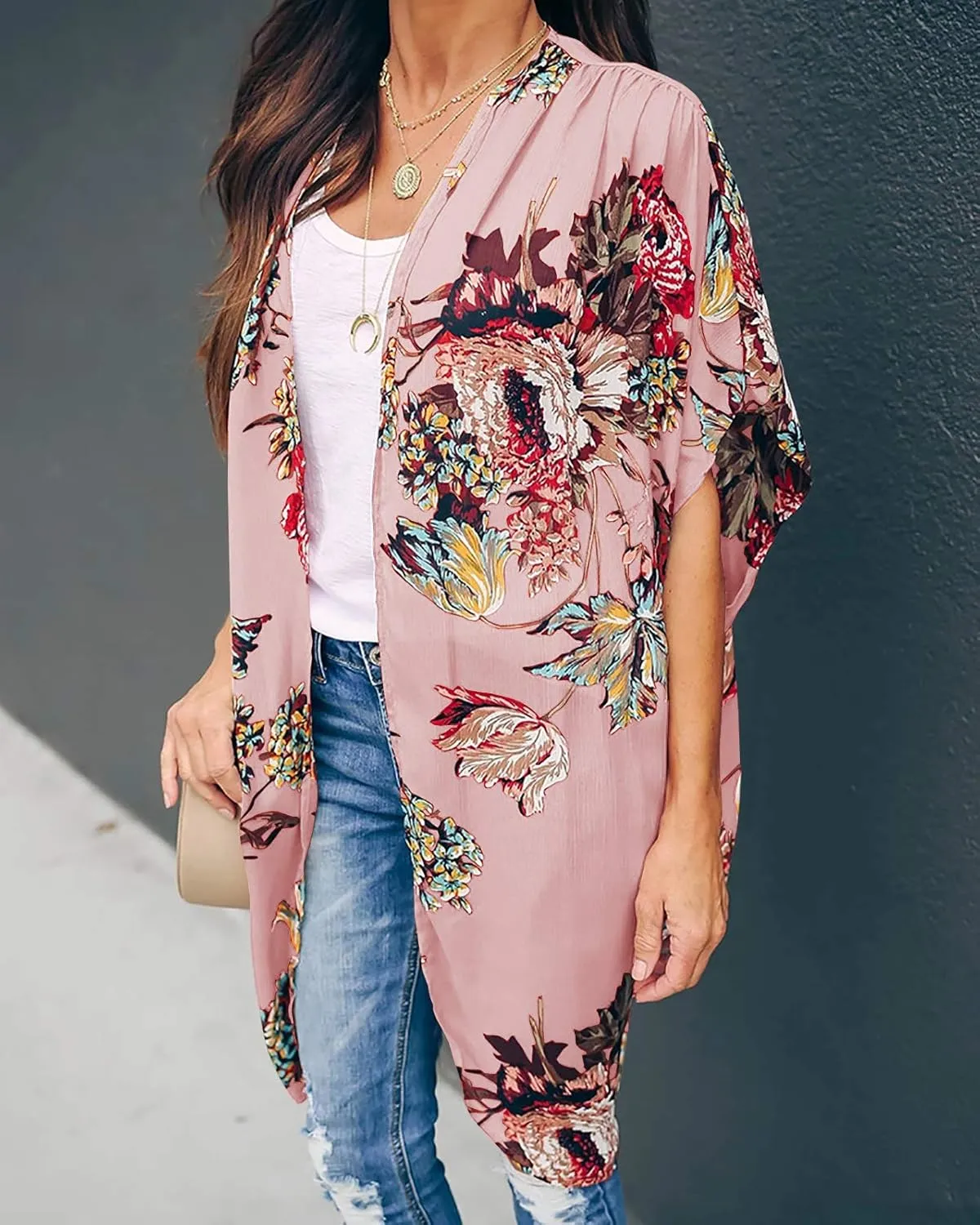 Ivay Womens Floral Kimono Duster Cardigans Short Sleeve Draped Oversized Beach Cover Up Cape