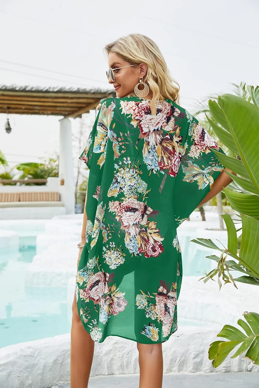 Ivay Womens Floral Kimono Duster Cardigans Short Sleeve Draped Oversized Beach Cover Up Cape