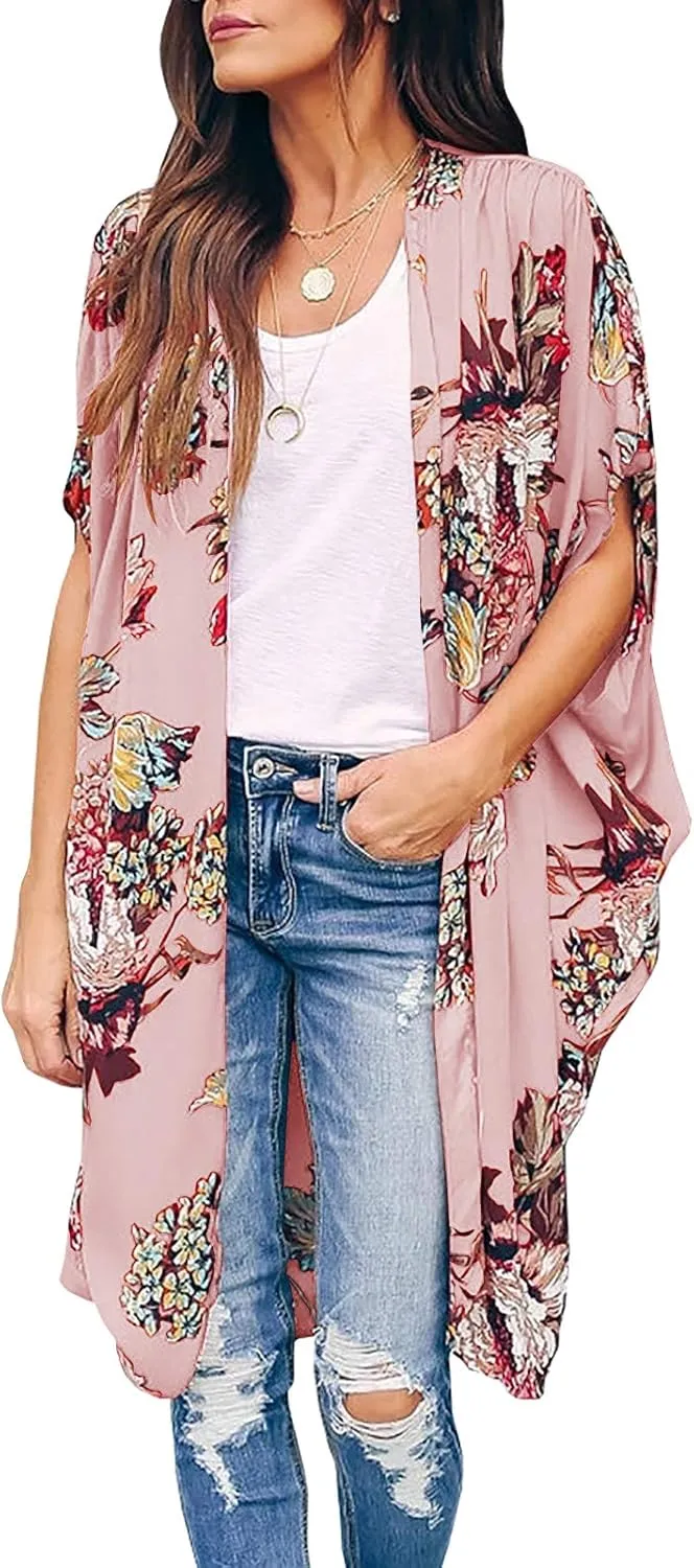 Ivay Womens Floral Kimono Duster Cardigans Short Sleeve Draped Oversized Beach Cover Up Cape