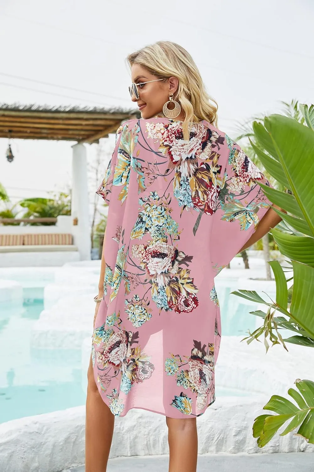 Ivay Womens Floral Kimono Duster Cardigans Short Sleeve Draped Oversized Beach Cover Up Cape