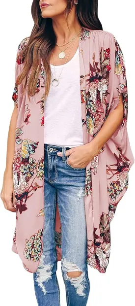 Ivay Womens Floral Kimono Duster Cardigans Short Sleeve Draped Oversized Beach Cover Up Cape