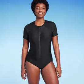 Kona Sol Women's Short Sleeve One Piece Swimsuit Front Zip Rash Guard UPF 50 