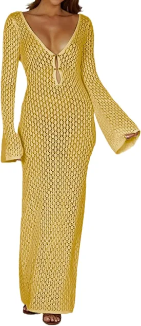 Leoparts Crochet Swimsuit Cover Up for Women Sexy V Neck Hollow Out Backless Maxi Dress Beach Bikini Coverup Dresses