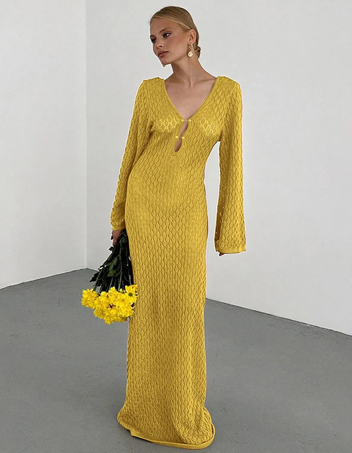 Leoparts Crochet Swimsuit Cover Up for Women Sexy V Neck Hollow Out Backless Maxi Dress Beach Bikini Coverup Dresses