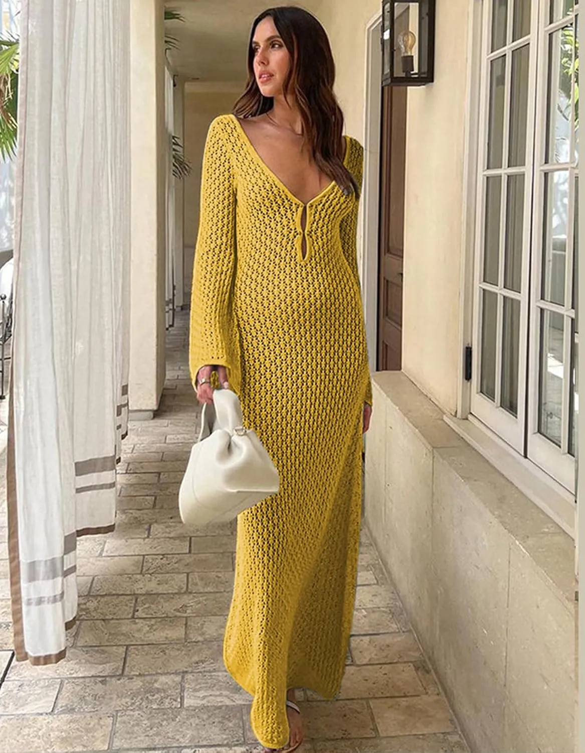 Leoparts Crochet Swimsuit Cover Up for Women Sexy V Neck Hollow Out Backless Maxi Dress Beach Bikini Coverup Dresses